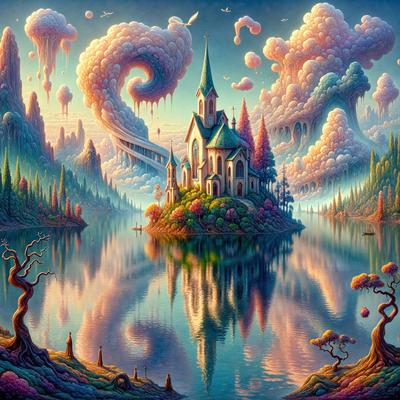 The primary subject of the image is a large, colorful castle situated on a small island in a body of water. The setting is a serene, picturesque landscape with a mix of natural elements and fantastical elements. The visual style is a combination of digital art and illustration, creating a vibrant and imaginative scene. The colors and mood are lively and whimsical, with a strong emphasis on the castle and its surroundings.
